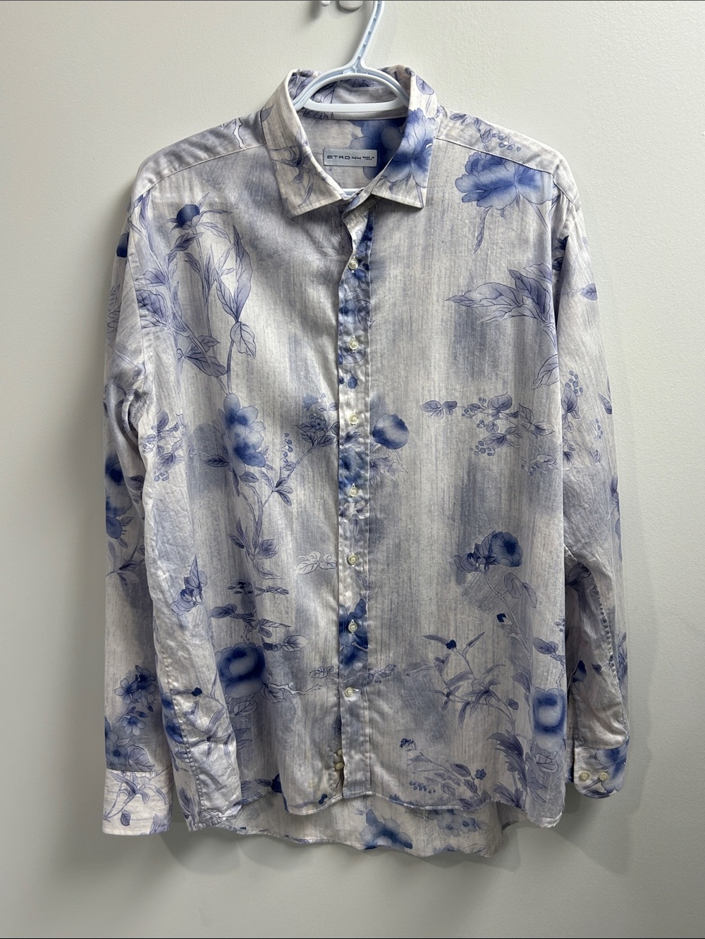 Etro White and Blue Floral Print Button-Down Shirt